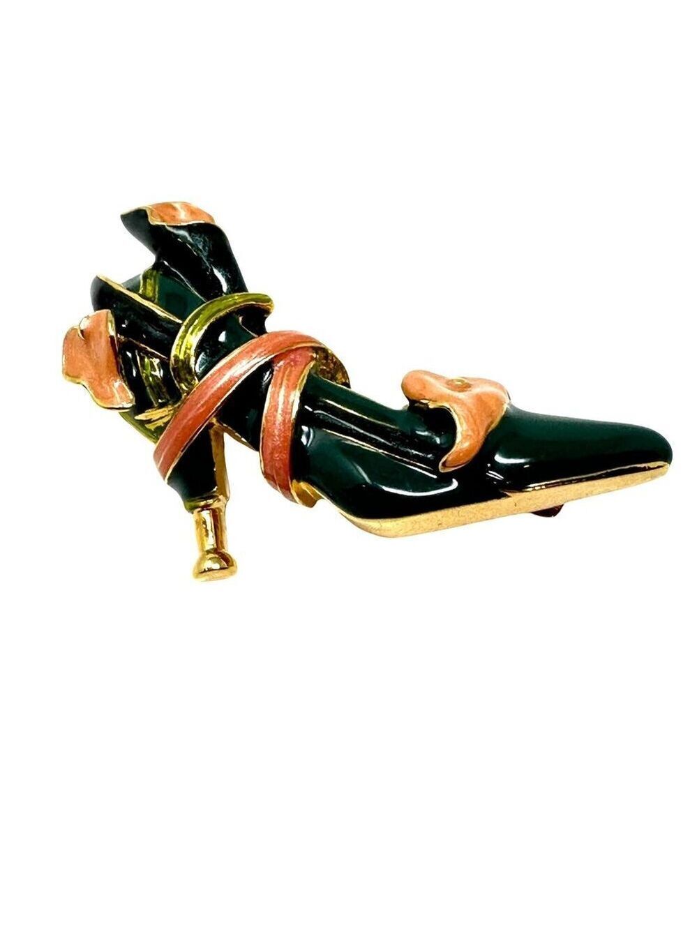 Kenneth Jay Lane KJL Enamel Shoe Brooch Gold Tone Green  Accent Collector Pin